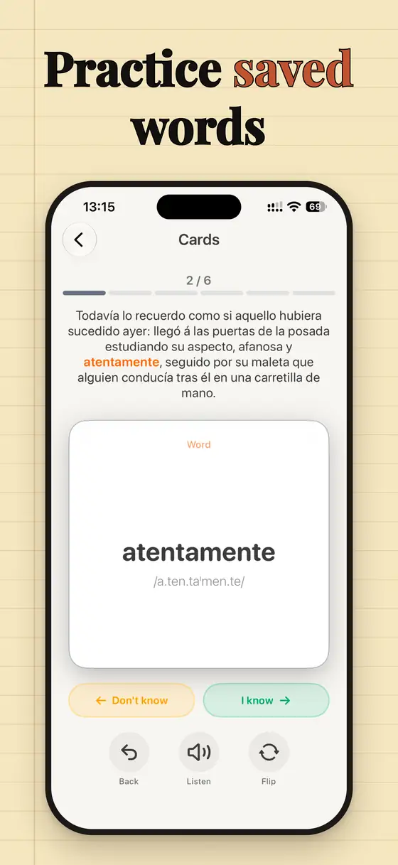 Practice saved words with flash cards